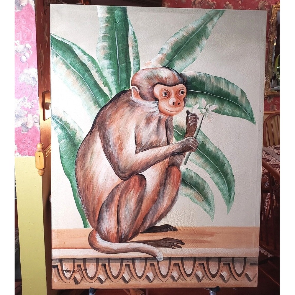 Monkey with Flower Large Canvas Painting of a Monkey in Palm Tree with Flower